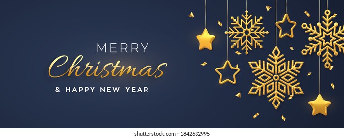 Christmas blue background with hanging shining golden snowflakes and 3D metallic stars. Merry christmas greeting card. Holiday Xmas and New Year poster, web banner. Vector Illustration.