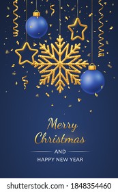 Christmas blue background with hanging shining golden snowflakes, 3D metallic stars and balls. Merry christmas greeting card. Holiday Xmas and New Year poster, web banner. Vector Illustration.