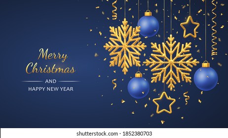 Christmas blue background with hanging shining golden snowflakes, 3D metallic stars and balls. Merry christmas greeting card. Holiday Xmas and New Year poster, web banner. Vector Illustration.