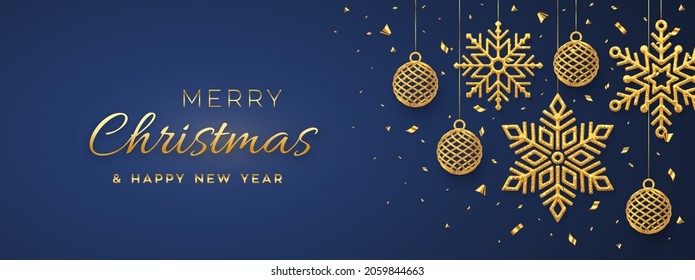 Christmas blue background with hanging shining golden snowflakes and balls. Merry christmas greeting card. Holiday Xmas and New Year poster, web banner. Vector Illustration.