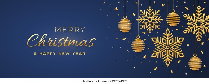 Christmas blue background with hanging shining golden snowflakes and balls. Merry christmas greeting card. Holiday Xmas and New Year poster, web banner. Vector Illustration.