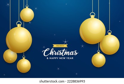 Christmas blue background with hanging shining golden balls. Merry christmas greeting card. Holiday Xmas and New Year poster. web banner