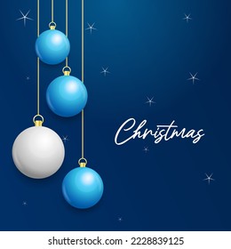 Christmas blue background with hanging shining white and Silver balls. Merry christmas greeting card