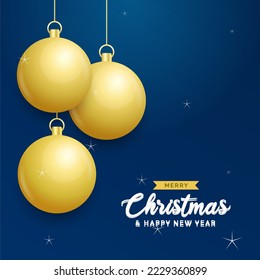 Christmas blue background with hanging shining golden balls. Merry christmas greeting card. Holiday Xmas and New Year poster. web banner