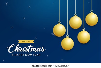 Christmas blue background with hanging shining golden balls. Merry christmas greeting card. Holiday Xmas and New Year poster. web banner