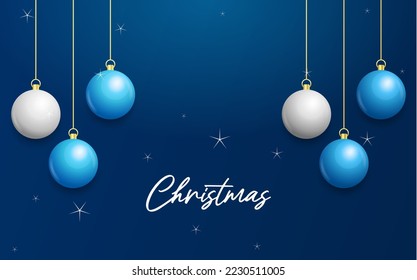 Fondo azul navideño con colgantes bolas blancas y plateadas. Tarjeta de saludo de navidad