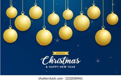 Christmas blue background with hanging shining golden balls. Merry christmas greeting card. Holiday Xmas and New Year poster. web banner