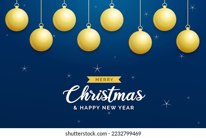 Christmas blue background with hanging shining golden balls. Merry christmas greeting card. Holiday Xmas and New Year poster. web banner