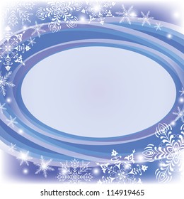 Christmas blue background for holiday design with oval frame and snowflakes. Eps10, contains transparencies. Vector