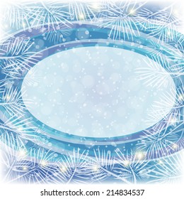 Christmas blue background for holiday design with oval frame, flashes and white pine branches. Eps10, contains transparencies. Vector