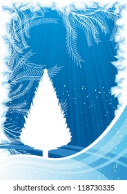 Fondo azul de Navidad con borde de hielo, copos de nieve y árbol de navidad