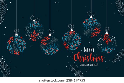Christmas blue background with leaves and balls. Blue and red colors. Merry christmas greeting card. Holiday Xmas and New Year poster, web banner.