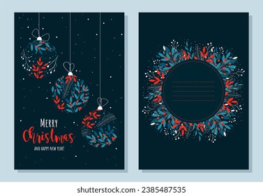 Christmas blue background with leaves and balls. Blue and red colors. Merry christmas greeting cards. Holiday Xmas and New Year poster, Christmas wreath, web banner.