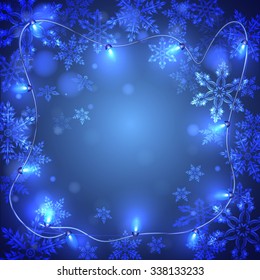 Christmas blue background with light garlands and snowflakes, vector EPS 10