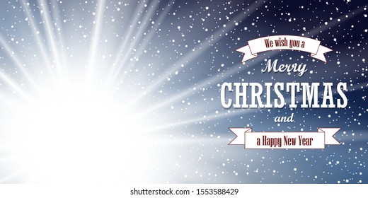 Christmas blue background. Merry Christmas, Happy New year holiday winter Xmas card. Wishes on ribbon, vintage greeting design. Snowflake snow decoration. Magic shine star, sparkle Vector illustration