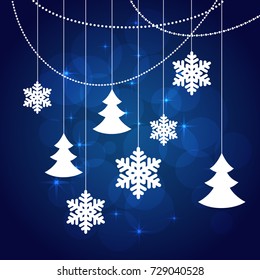 christmas blue background with paper snowflakes and christmas trees. vector illustration