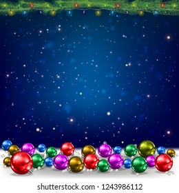 Christmas blue background with pine branches snowflakes and decorations