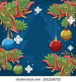 Fondo azul de Navidad con conos de pino y adornos de copos de nieve