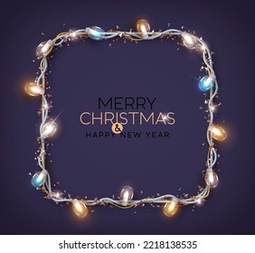 Christmas blue background with realistic decoration square frame from glass light garland. Merry christmas greeting card. happy new year. Festive bright design Xmas holiday poster. vector illustration