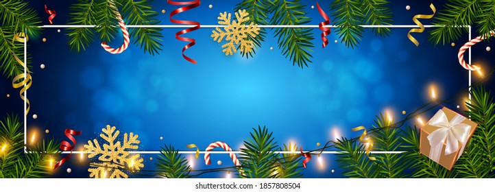 Christmas blue background with realistic pine branches, shining garlands, gifts box, candy, glitter gold snowflakes, tinsel. Template for Christmas and New Year greeting card, poster, postcard, banner