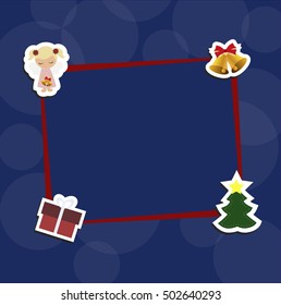 Christmas blue background with red frame with decorative Christmas stickers. Pattern to decorate greetings cards or decoration of an album page or scrapbook. Baby vector illustration