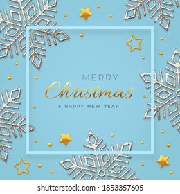 Christmas blue background with shining silver snowflakes, gold stars and beads. Merry christmas greeting card. Holiday Xmas and New Year poster, web banner. Vector Illustration.