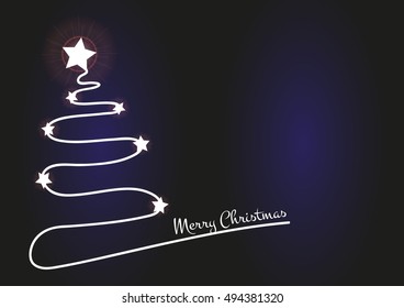 Christmas blue background with simple tree silhouette and shiny stars. Original Christmas card wishing Merry Christmas.