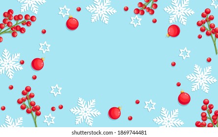 Christmas blue background with snowflakes, christmas balls andred holly berries. Horizontal xmas poster, greeting cards, headers, website vector illustration