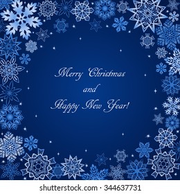Christmas blue background with snowflakes frame and text