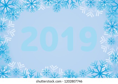 Christmas blue background with snowflakes and the inscription 2019. Vector image. Texture.
