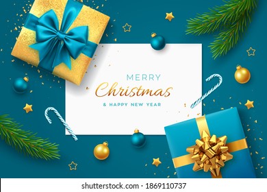 Christmas blue background with square paper banner, realistic gift boxes with blue and golden bows, pine branches, gold stars and glitter confetti, balls bauble. Xmas greeting cards. Vector. EPS10.