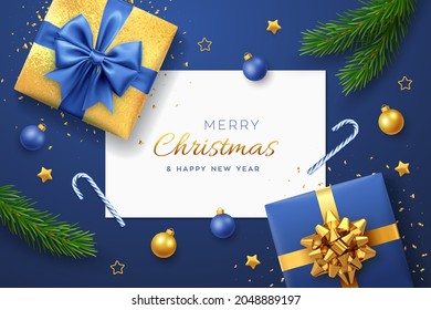 Christmas blue background with square paper banner, realistic gift boxes with green and golden bows, pine branches, gold stars and confetti, balls bauble. Xmas background, greeting cards. Vector.