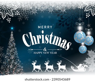 Christmas blue background with a Christmas tree, balls and with Santa Claus riding a deer