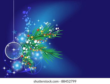 Christmas blue background with Christmas tree branch and decorative elements