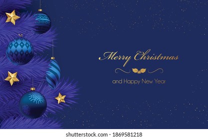 Christmas blue background with christmas tree branches and blue balls. Vector illustration. Winter background.