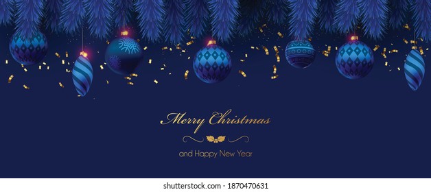 Weihnachtsblauer Hintergrund mit Weihnachtsbaumästen und -bällen. Vektorgrafik. Winterhintergrund. Für Design-Flyer, Banner, Poster, Einladung.