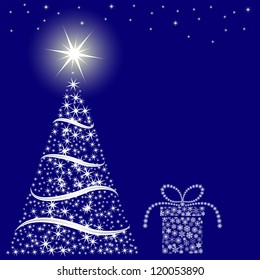 Christmas blue background with Christmas tree and gift box