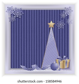 Christmas blue background with tree on recycled kraft paper. 
