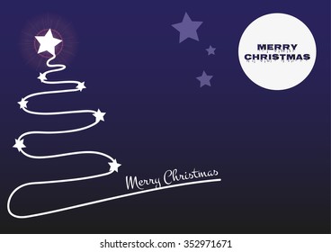 Christmas blue background with Christmas tree and starry sky.