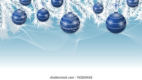 Christmas blue background with tree white branches and blue balls. Holidays baubles decoration banner. Vector illustration.