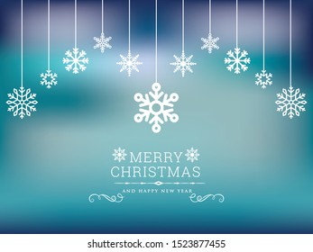Christmas blue background with white snowflakes Hanging elements