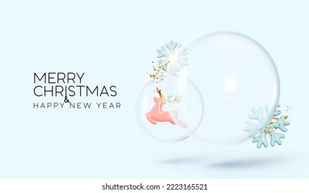 Christmas blue background. Xmas ornaments Glass ball with deer inside, falling snowflakes and golden confetti. Greeting card, holiday banner, bright poster, modern brochure, flyer, vector illustration