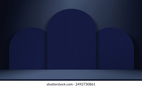 Christmas Blue Background,Studio Room with 3d Navy Blue Podium Stage,Minimal modern product display with corrugated texture with copy space.Vector Platform for Xmas,Winter,New Year web banner