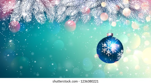 Christmas Blue Ball with Spruce Branches on a Winter Bright Background with Illuminations. Vector illustration