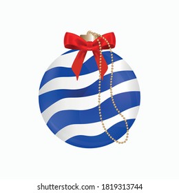 Globo azul de Navidad con un patrón y arcos en una cadena dorada, aislado en un fondo blanco. Ilustración vectorial.