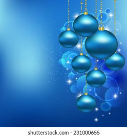 Christmas blue balls. Vector illustration of holiday, blue Christmas tree decorations, menu, card, postcard, banner. Hanging a bunch of Christmas tree decorations.