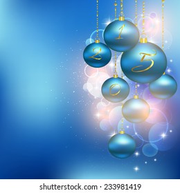 Christmas blue balls. Vector illustration of holiday, Christmas tree decorations, menu, card, postcard, banner. Hanging a bunch of Christmas tree decorations.