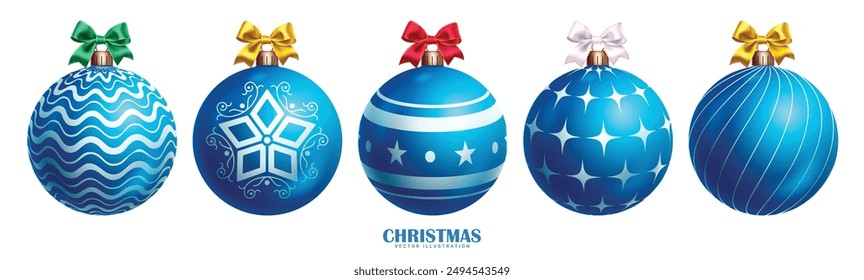 Christmas blue balls vector set design. Balls christmas ornament with curve print, stars and stripe pattern bauble elements with colorful ribbon tie in white isolated background. Vector illustration 