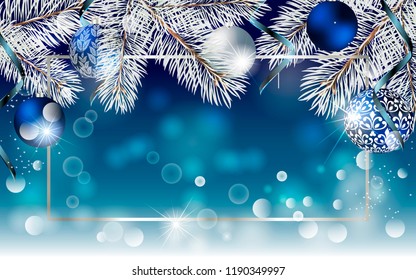 Christmas blue banner with fir branches and balls. Vector Christmas design for greeting card, party invitation, holiday sales.