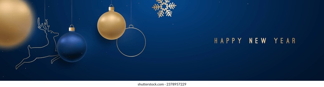 Christmas blue banner with hanging shiny gold and blue balls and deer. Christmas and New Year poster. Web banner.